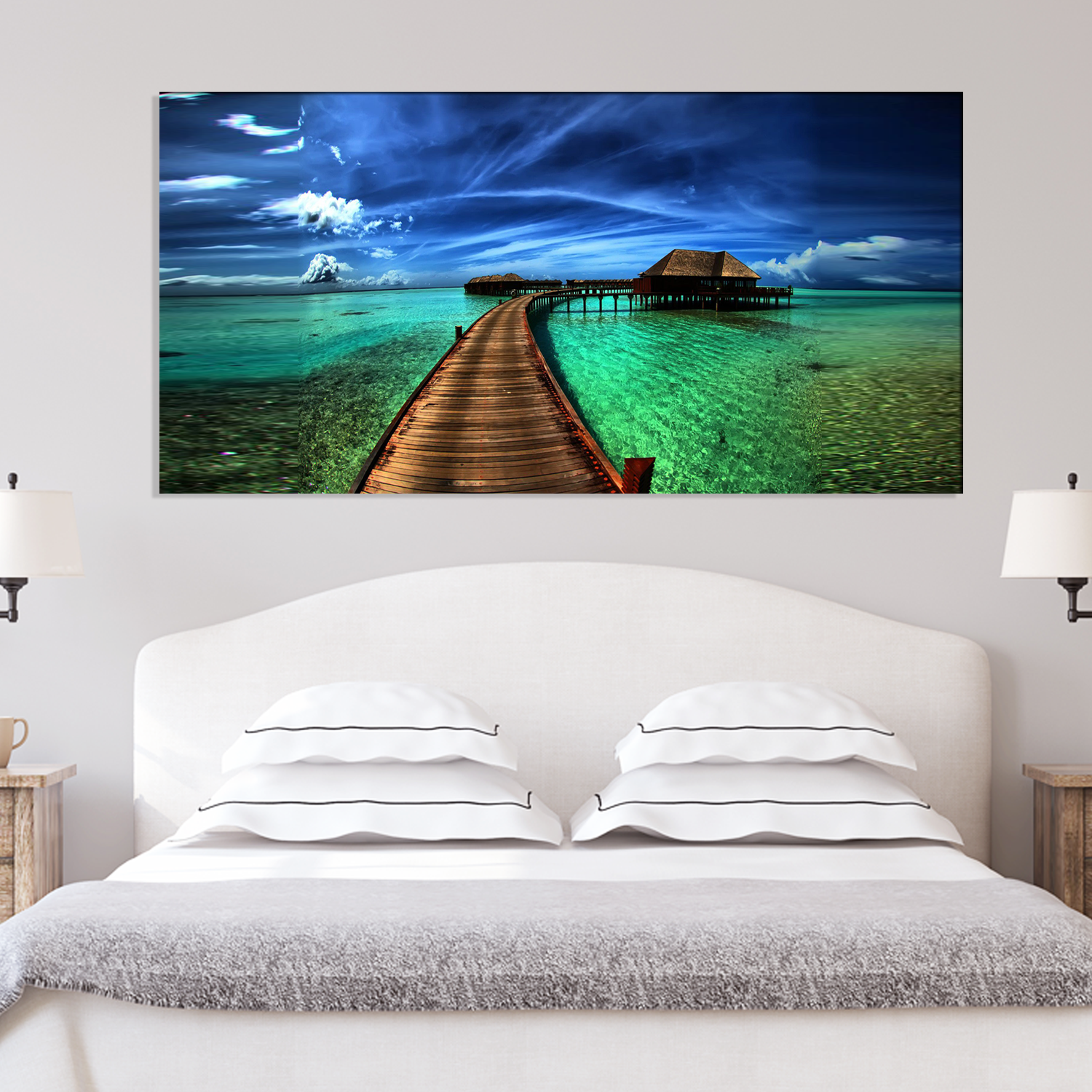 beautiful scenery wall painting of ocean and bridge  