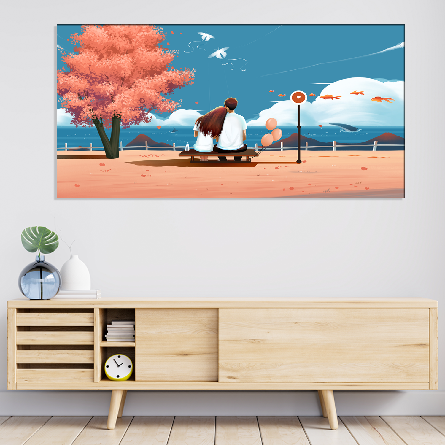 Illustration Of Love Couple Seating On Beach Canvas Wall Painting