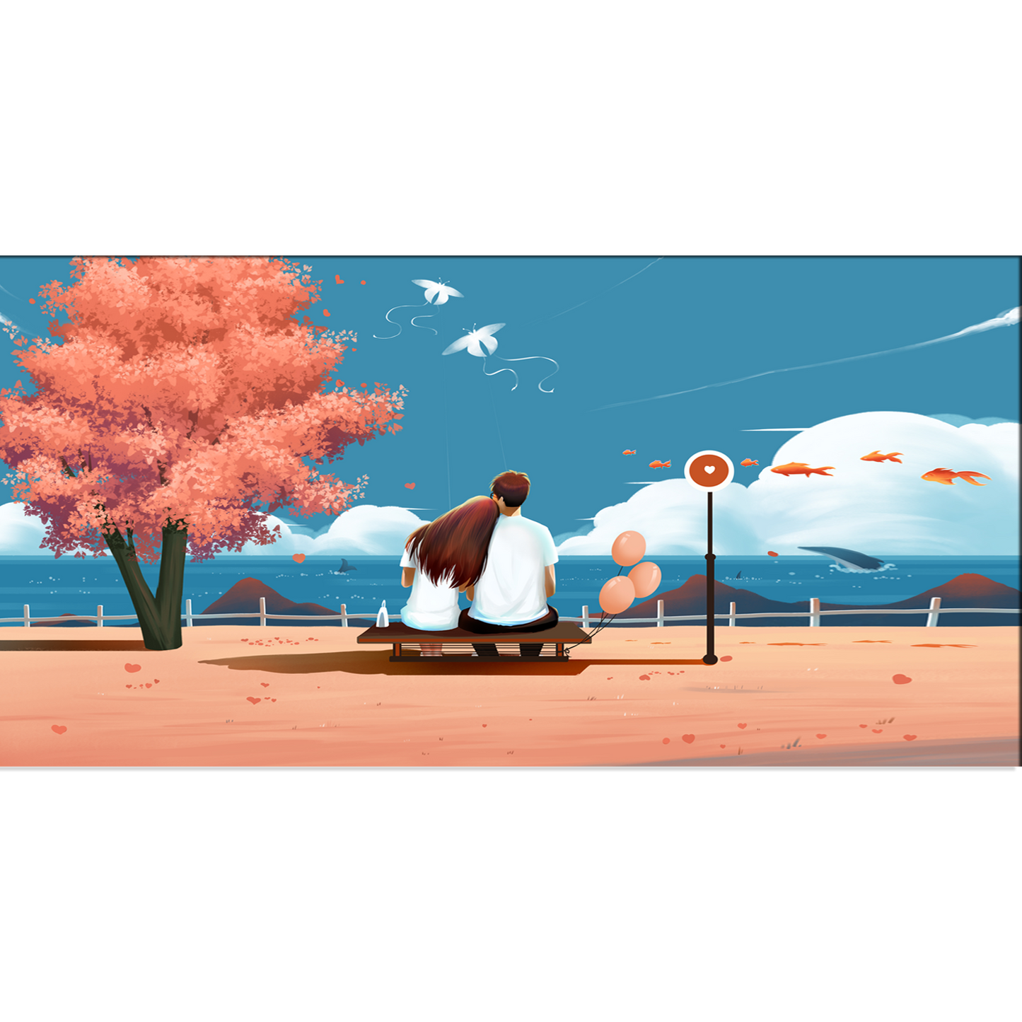 Illustration Of Love Couple Seating On Beach Canvas Wall Painting