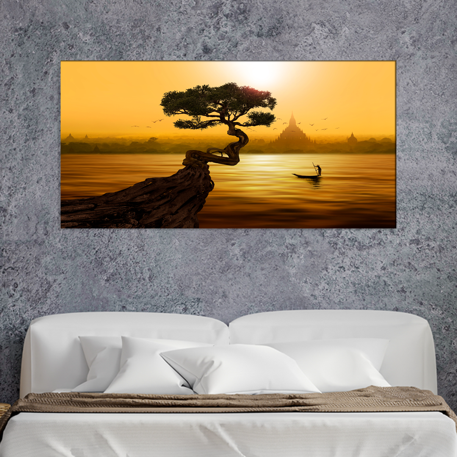 Twisted tree lake and Buddhist temple Canvas Print Wall Painting