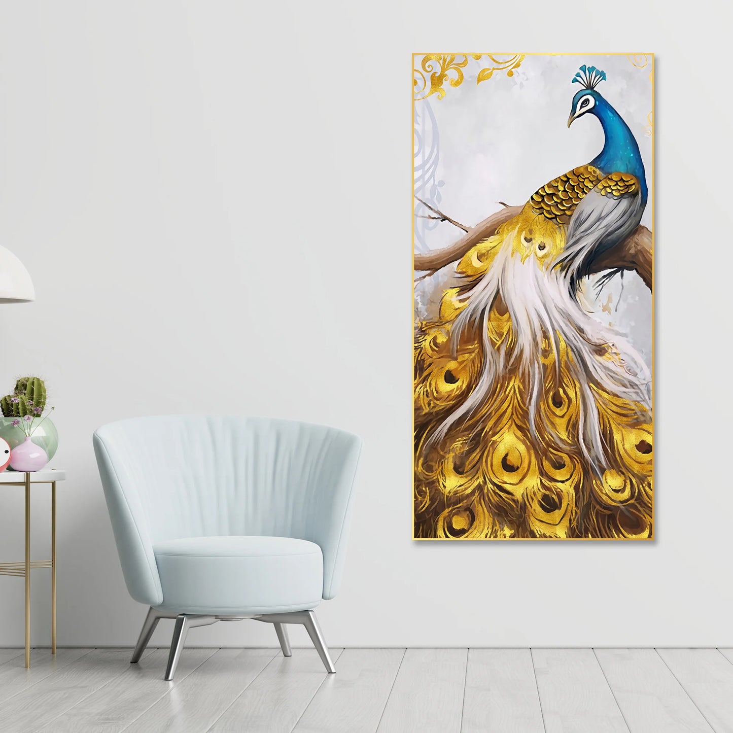 Peacock Golden Feather Floating Canvas Wall Painting