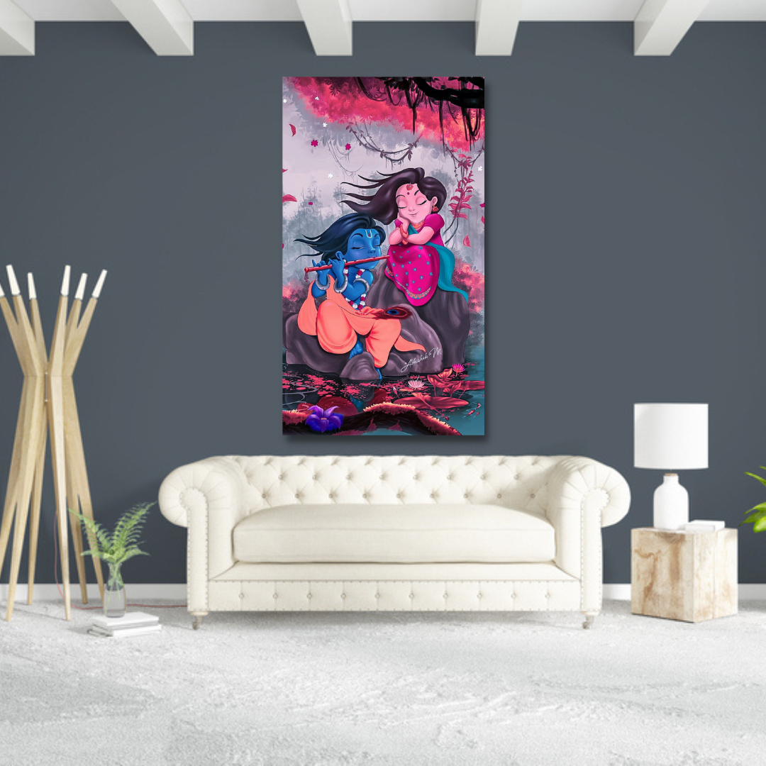wall painting canvas of little radha and krishna\