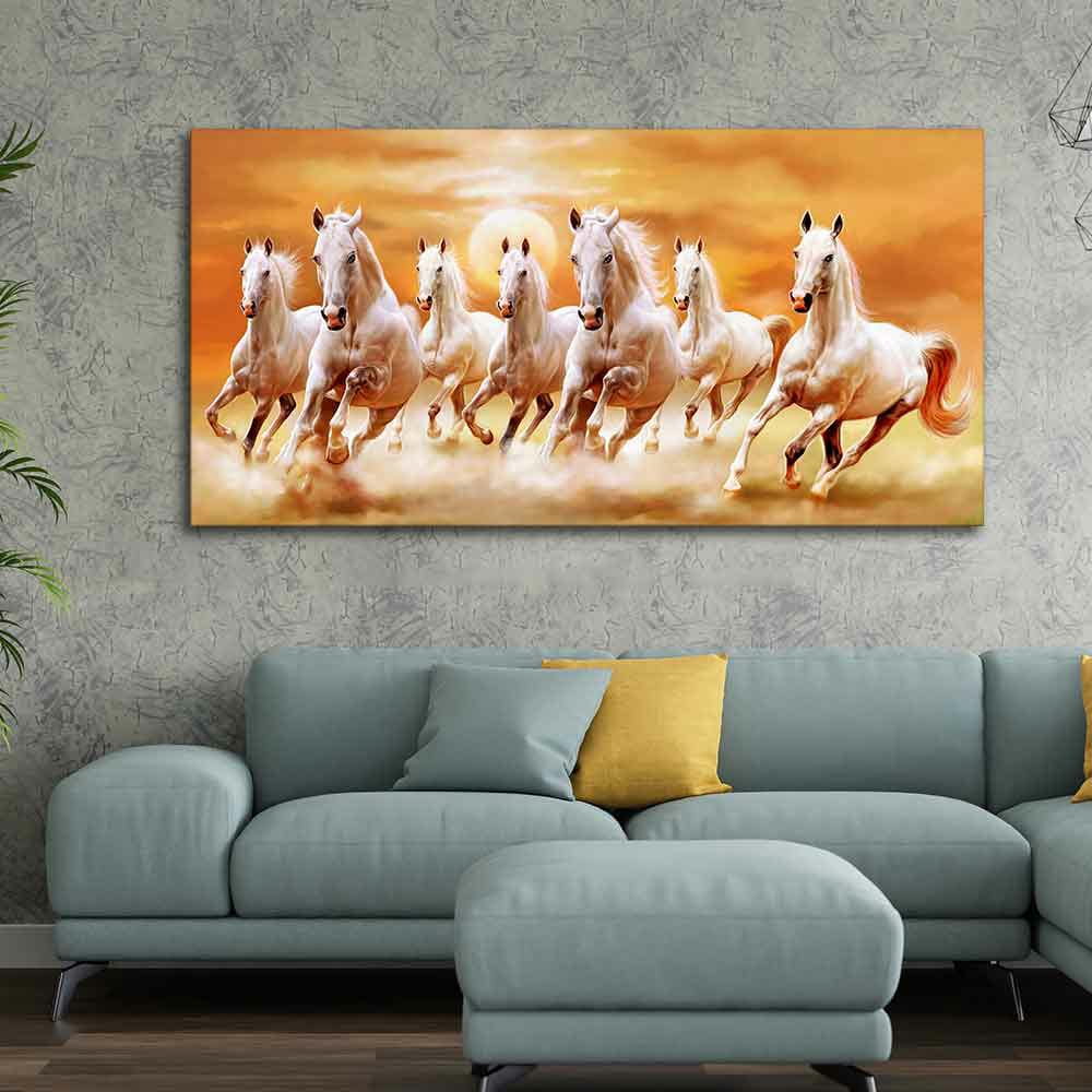 3D White Seven Horses Running Canvas Wall Painting