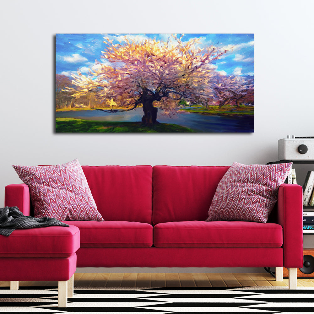 Abstract Colorful Rainbow Tree Blue Sky by The River Print on Canvas Wall Painting