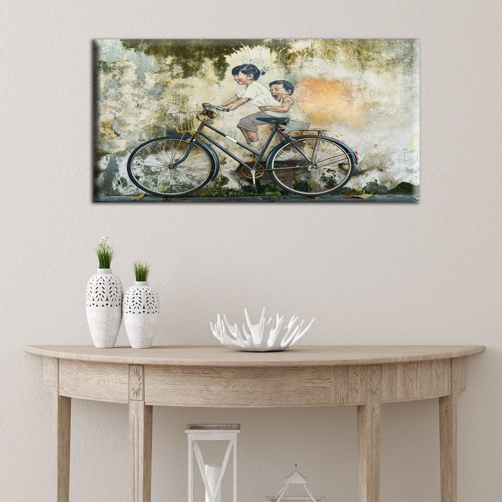 Kids On Old Bicycle Artistic Canvas Wall Painting