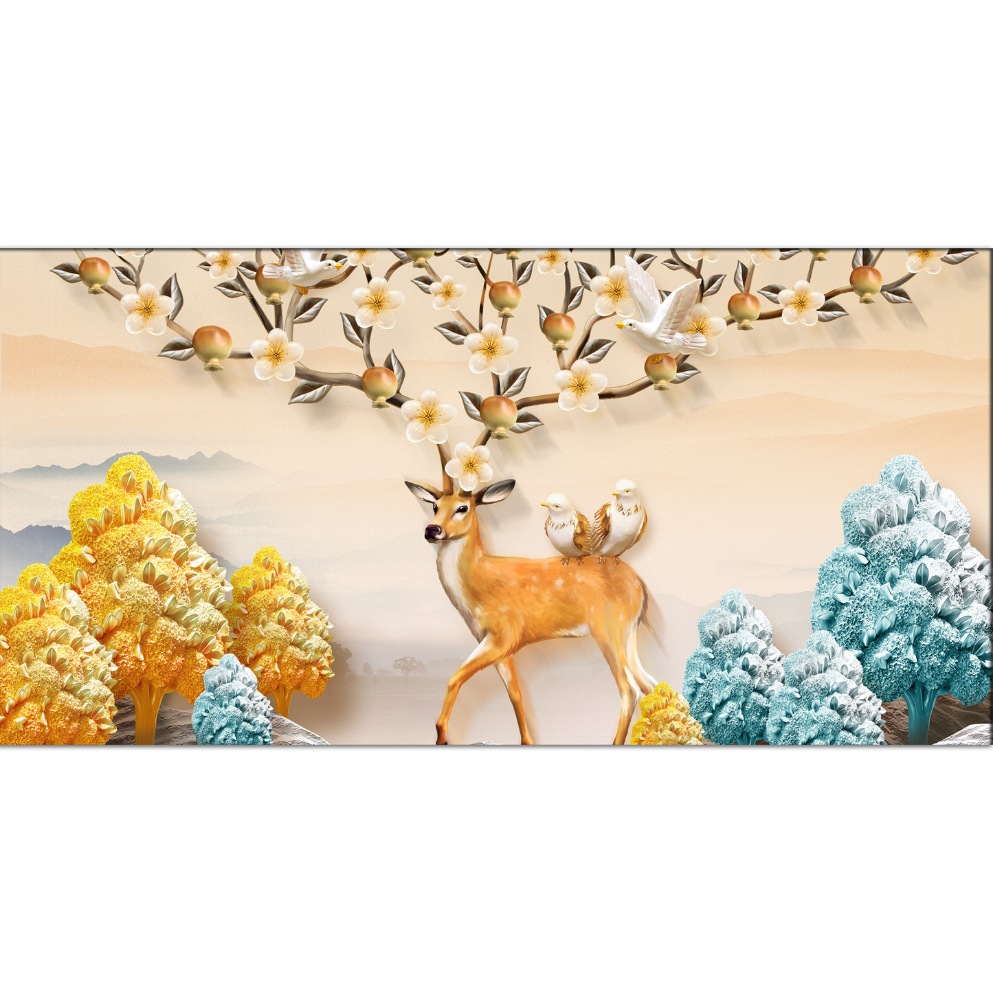 Deer, Leaves and Flowers Canvas Print Wall Painting