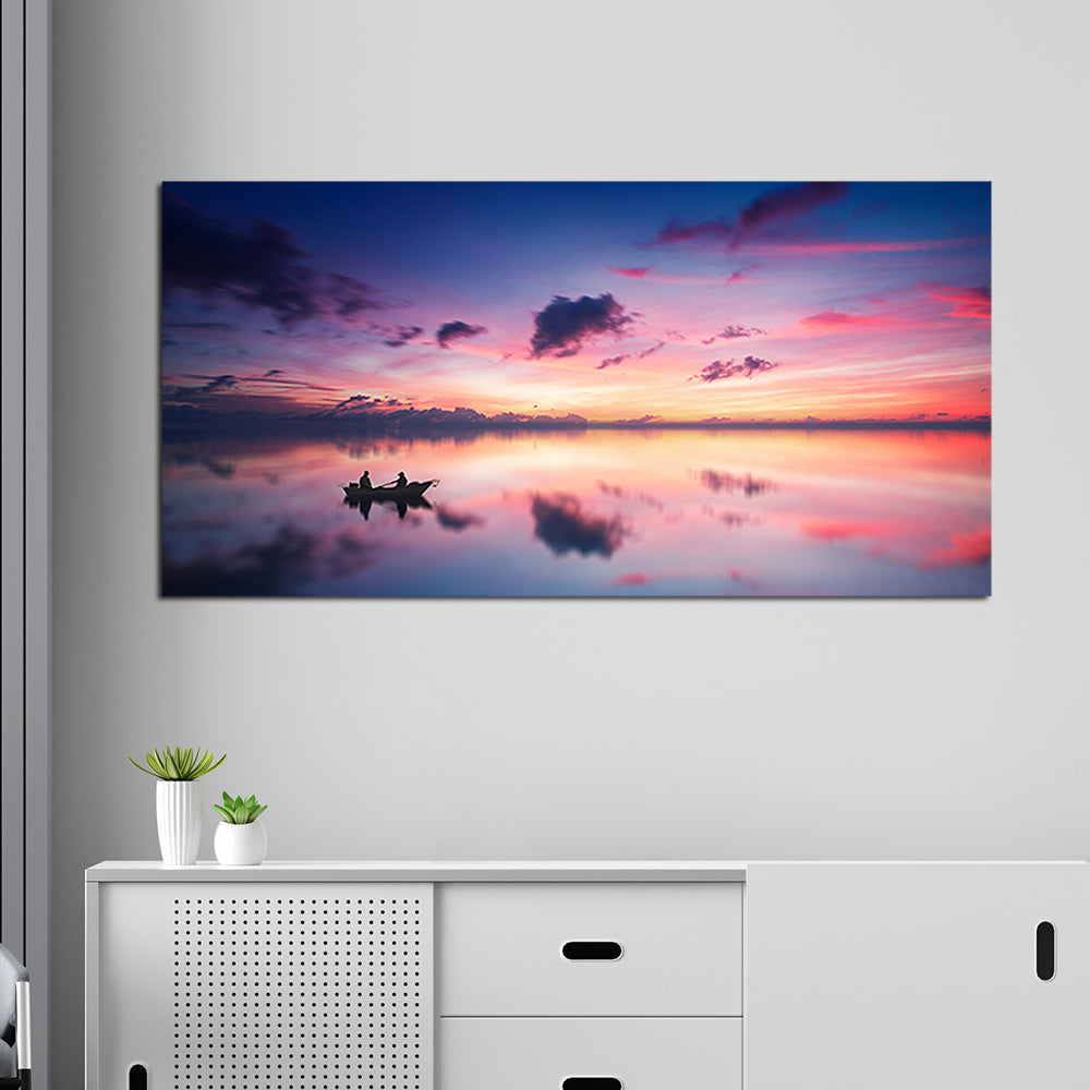 Pink Sky During Sunset Over Lake Canvas Wall Painting
