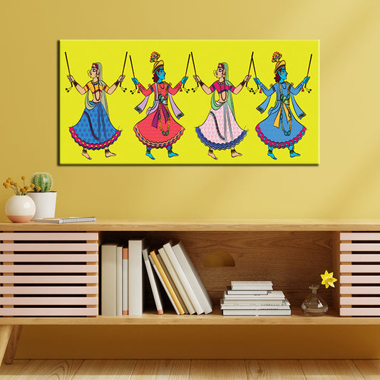 Krishan With Gopiya Dancing Dandiya Madhubani Painting