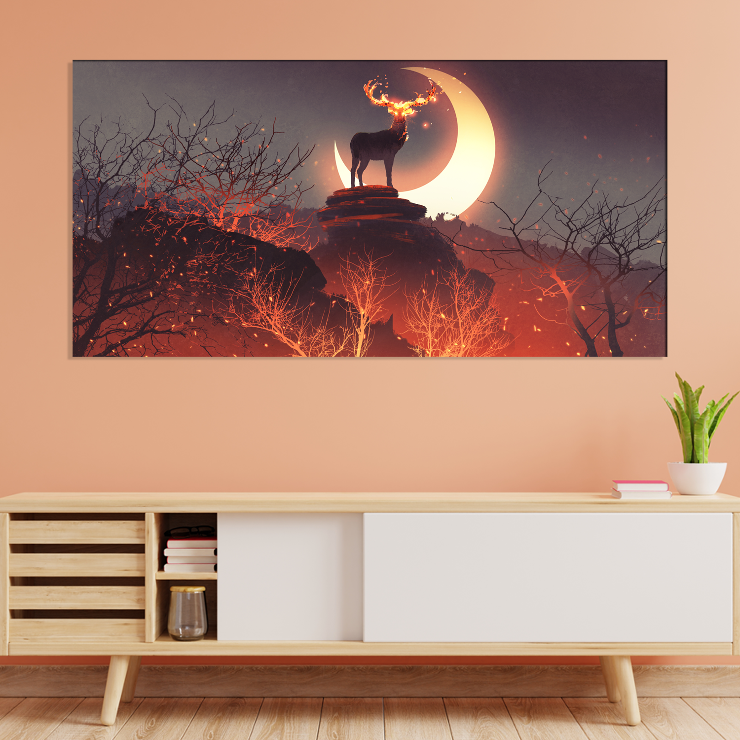 The deer standing on rocks in forest fire Canvas Print Wall Painting