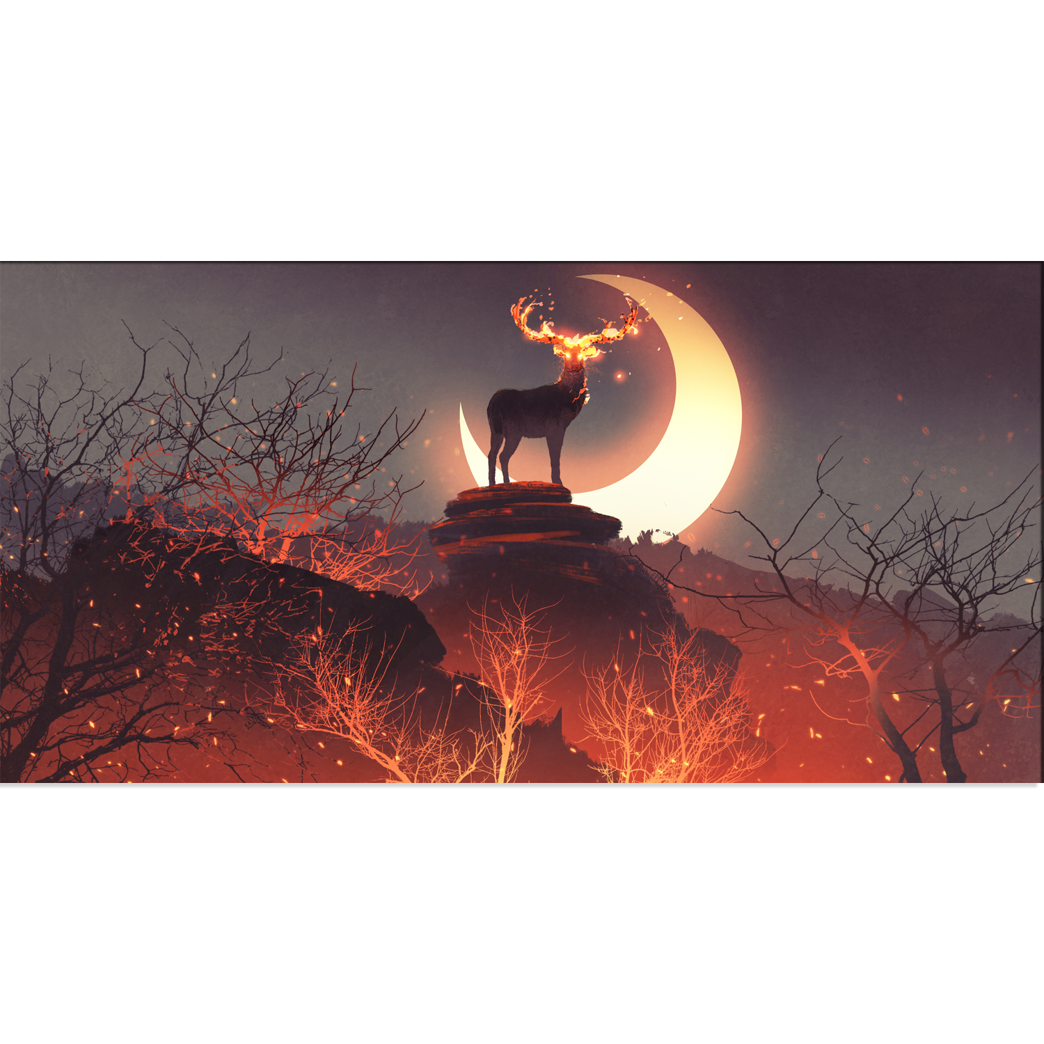 The deer standing on rocks in forest fire Canvas Print Wall Painting