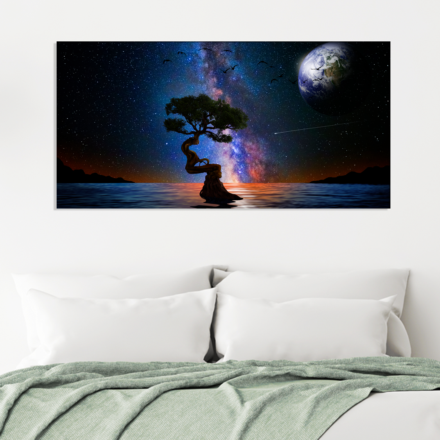 Starry Night Over The Lake With Tree Abstract Canvas Wall Painting