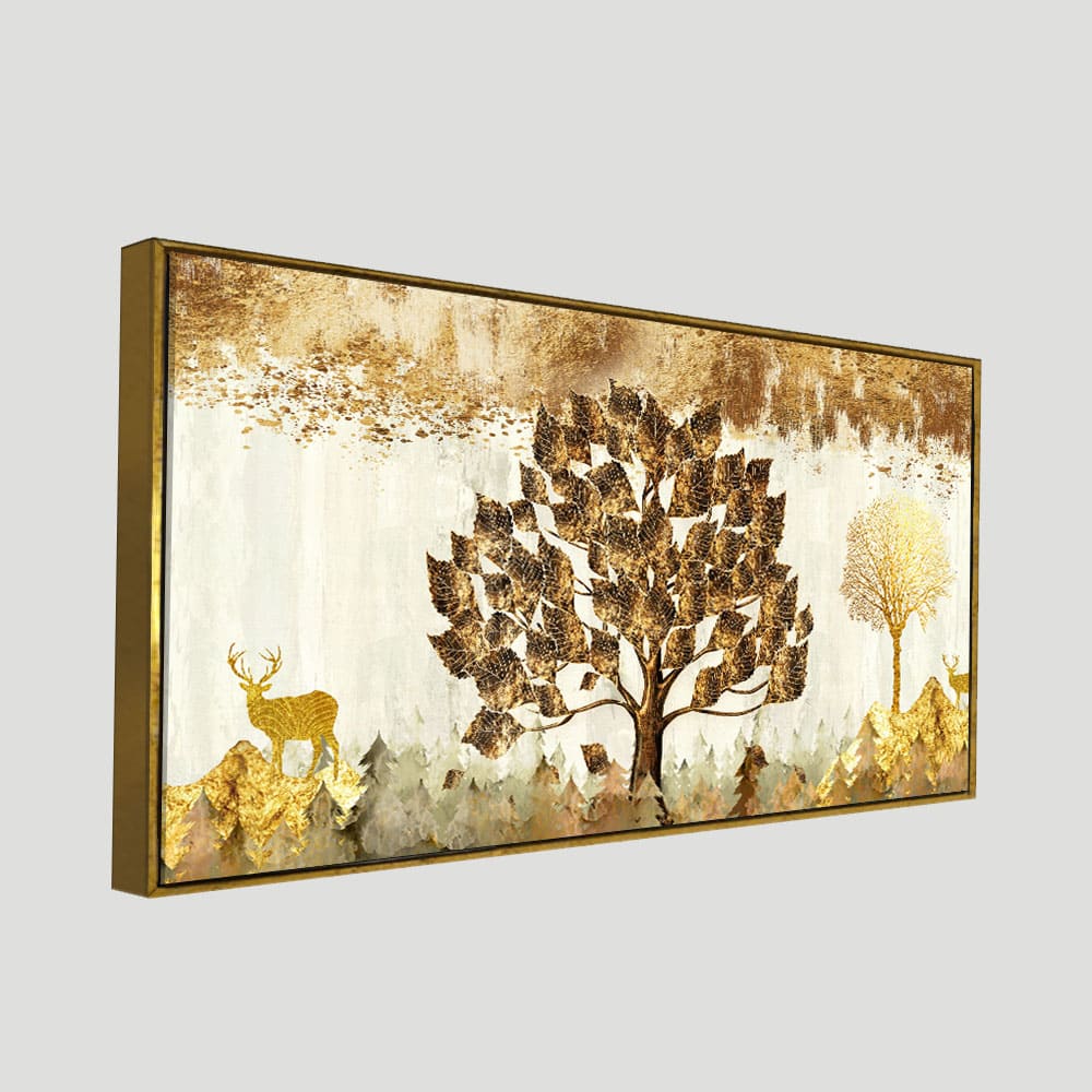 Beautiful Tree and Golden Deer Canvas Print Wall Painting