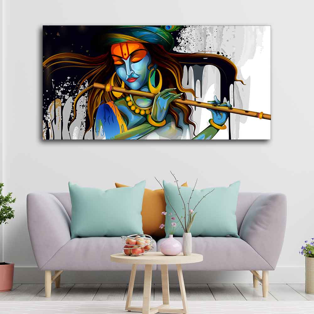 Lord Krishna Playing a Flute Religious Canvas Print Wall Painting